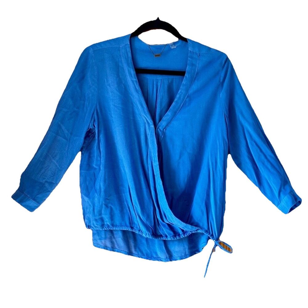 Young Fabulous & Broke Blue Rayon Wrap Blouse Top 3/4 Sleeve Side Tie Small EUC